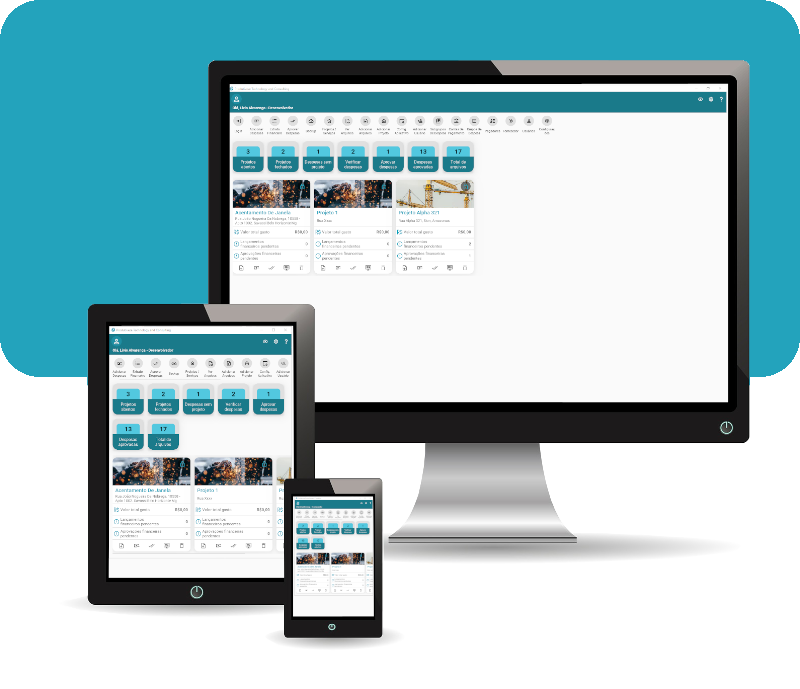App Gestão Financeira de Obras nas telas de Computador, Tablet e Celular